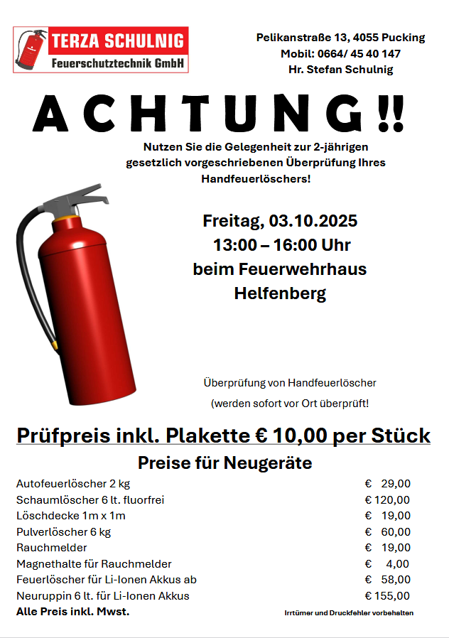 Gesetzliche Feuerlöscherüberprüfung am 3.10
